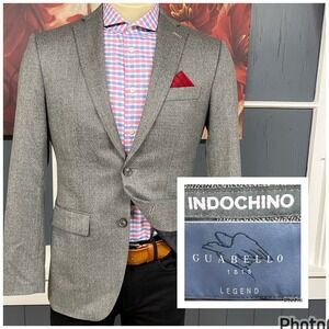 Indochino Suit Top Jacket Blazer Bespoke Mens 38R Slim Fit Wool Gray Chevron